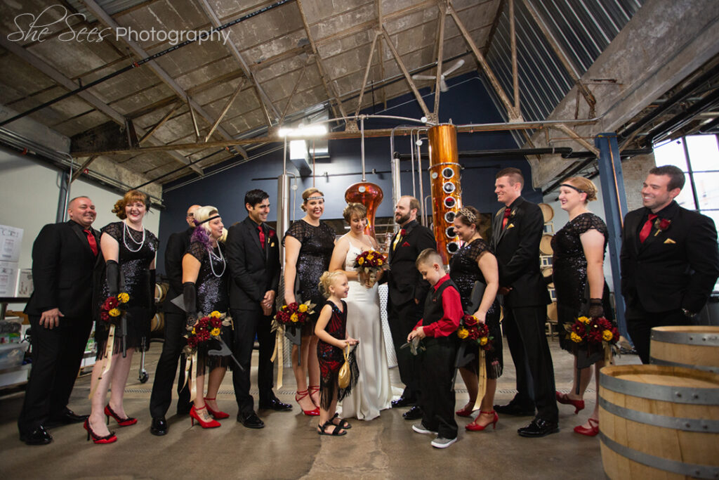 Distillery wedding party photos
