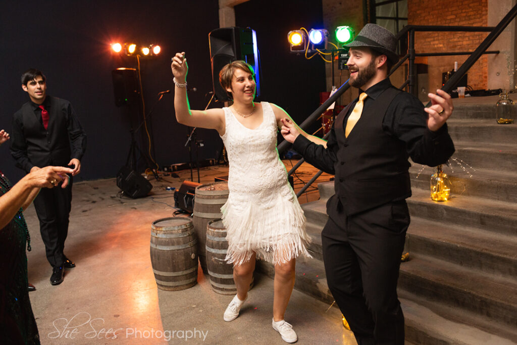 Bride and groom partying
